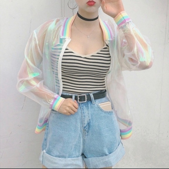 Rainbow Translucent Iridescent Shimmer Jacket Rave - Picture 2 of 5